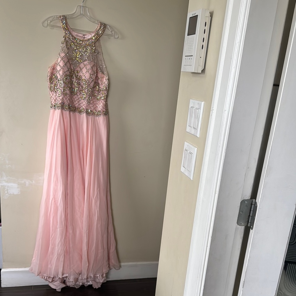Elegant Pink Gown with Gold Embellishments